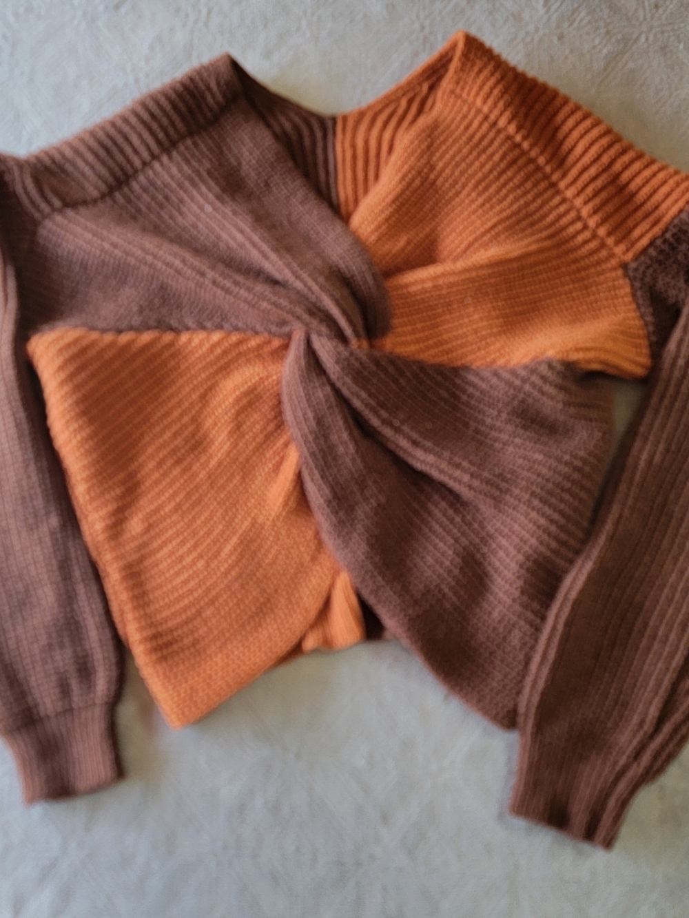No Boundaries Brown and Orange Off-the-Shoulder Twist Sweater - Picture 1 of 3